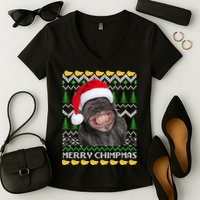 Merry Chimpmas Monkey Ugly Christmas Sweater Women's V-Neck T-Shirt