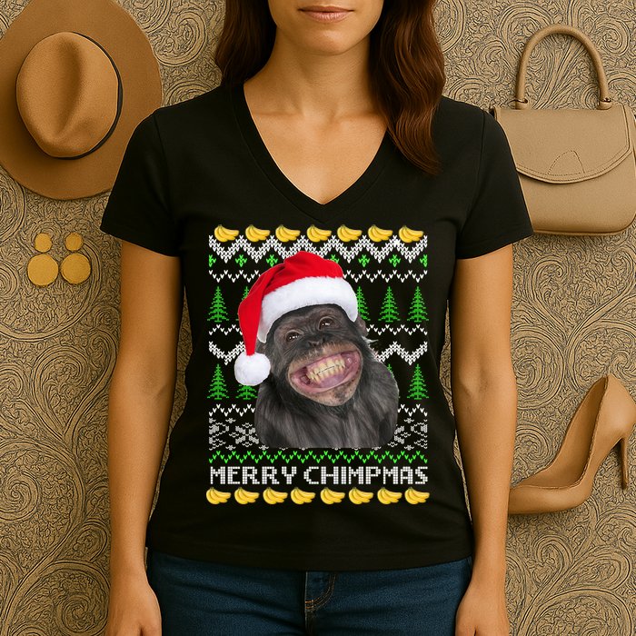Merry Chimpmas Monkey Ugly Christmas Sweater Women's V-Neck T-Shirt