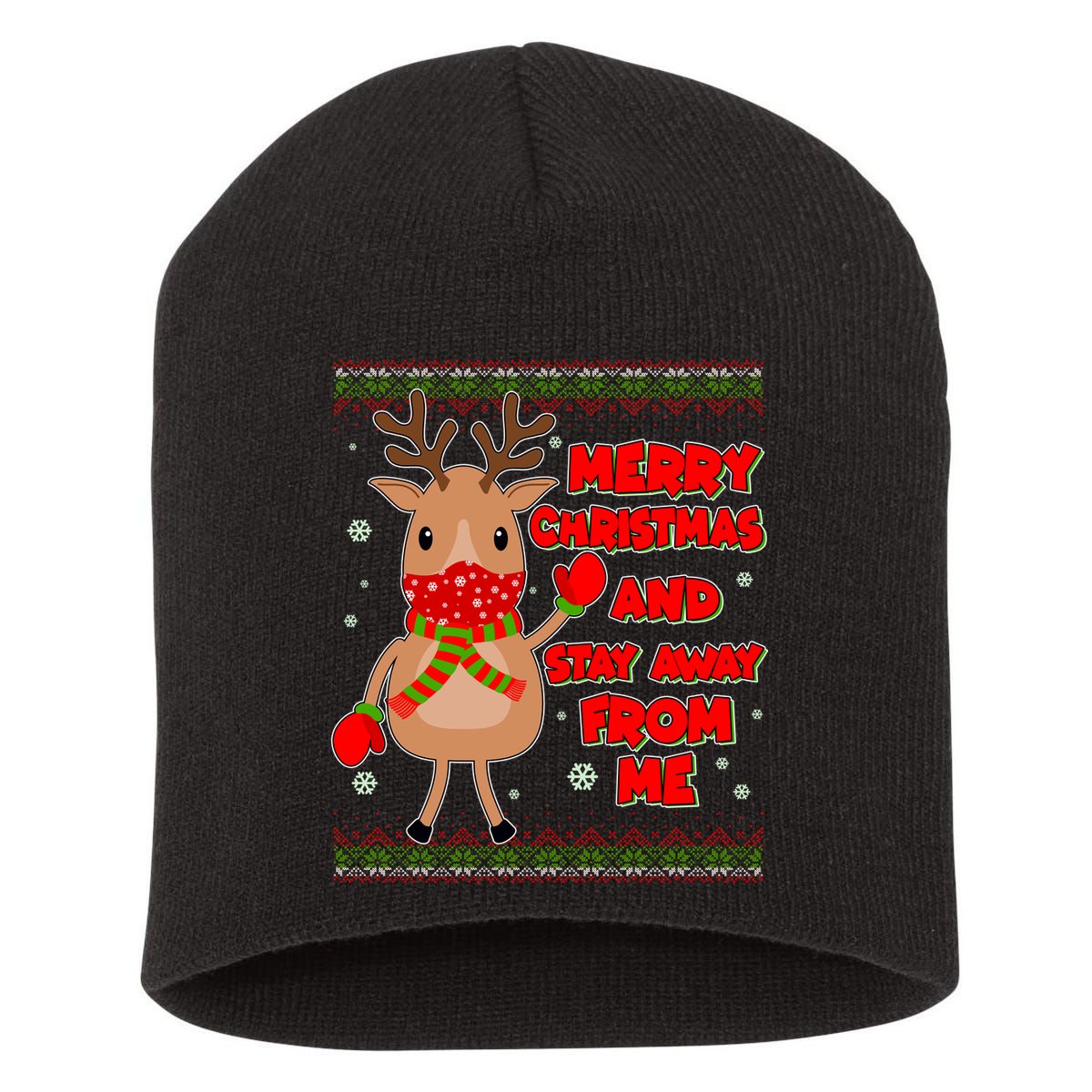 Merry Christmas And Stay Away From Me Reindeer Short Acrylic Beanie