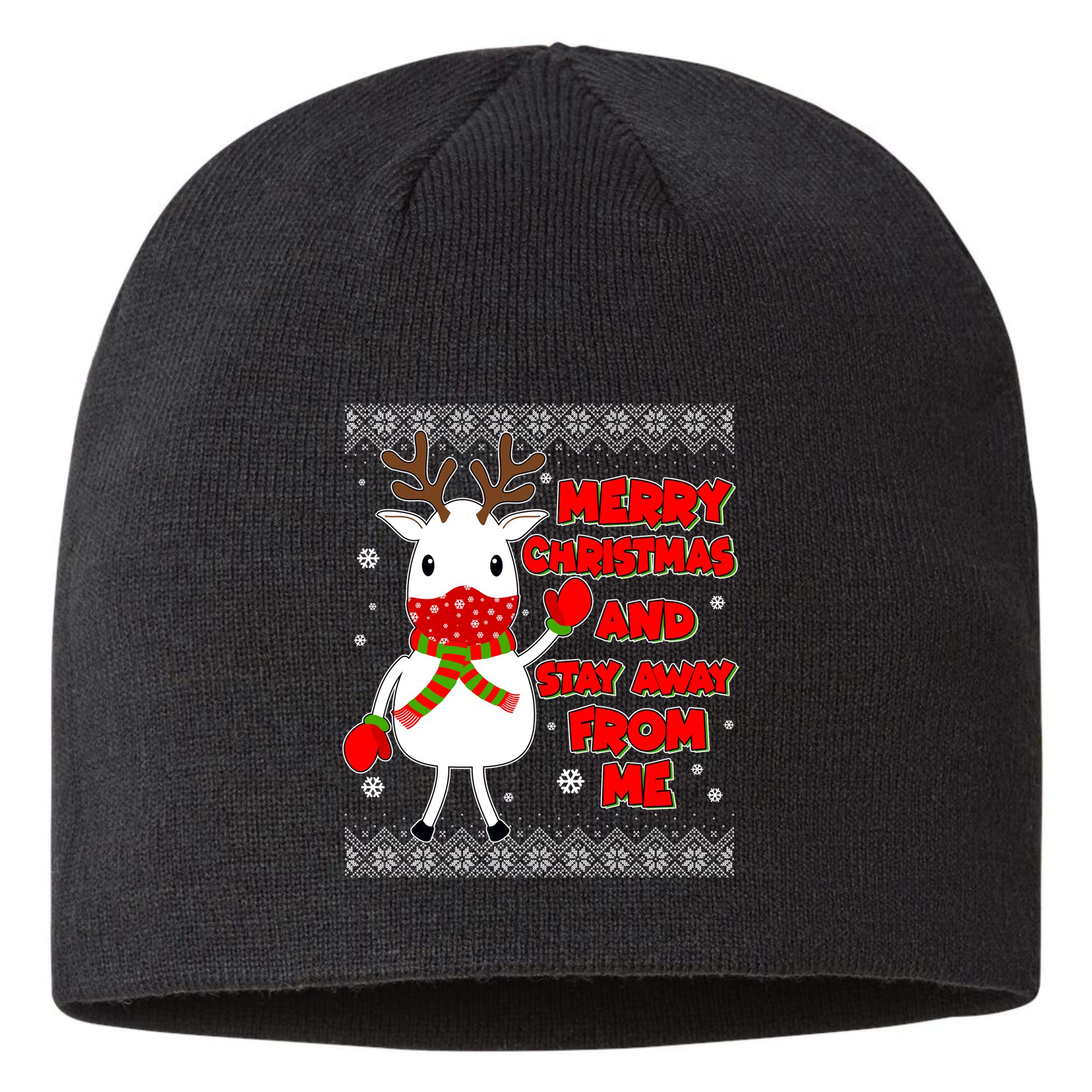 Merry Christmas And Stay Away From Me Reindeer Ugly Sweater Sustainable Beanie