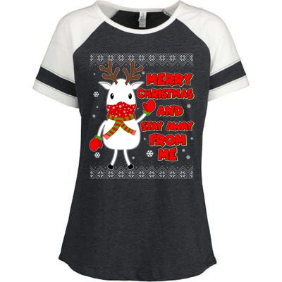 Merry Christmas And Stay Away From Me Reindeer Ugly Sweater Enza Ladies Jersey Colorblock Tee