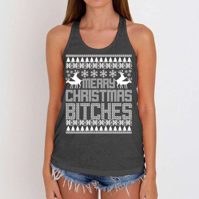 Merry Christmas Bitches Ugly Christmas Sweater Design Women's Knotted Racerback Tank