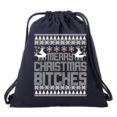 Merry Christmas Bitches Ugly Christmas Sweater Design Drawstring Bag