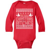 Merry Christmas Bitches Ugly Christmas Sweater Design Baby Long Sleeve Bodysuit