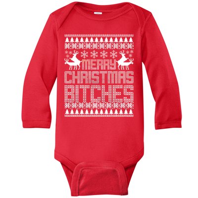 Merry Christmas Bitches Ugly Christmas Sweater Design Baby Long Sleeve Bodysuit