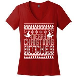 Merry Christmas Bitches Ugly Christmas Sweater Design Women's V-Neck T-Shirt