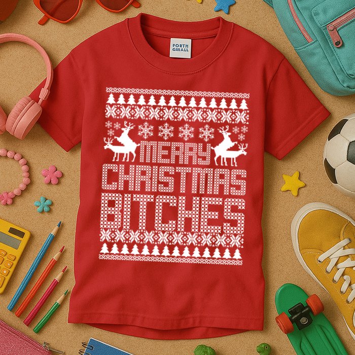 Merry Christmas Bitches Ugly Christmas Sweater Design Kids T-Shirt