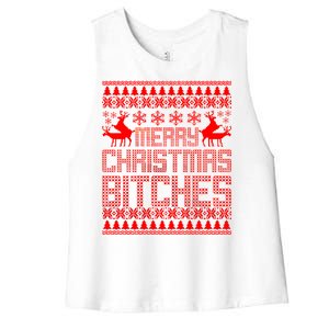 Merry Christmas Bitches Ugly Christmas Sweater Design Women's Racerback Cropped Tank