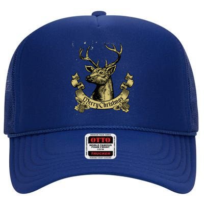 Merry Christmas Deer High Crown Mesh Back Trucker Hat