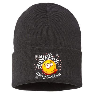 Merry Christmas Funny Smiley Face Snowflake Sustainable Knit Beanie