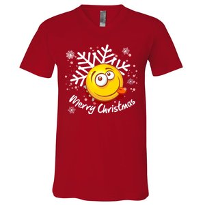 Merry Christmas Funny Smiley Face Snowflake V-Neck T-Shirt