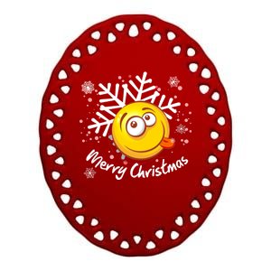 Merry Christmas Funny Smiley Face Snowflake Ceramic Oval Ornament