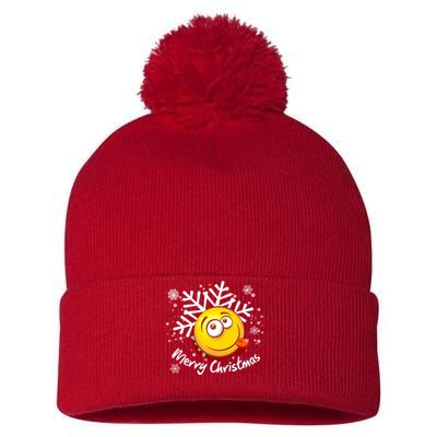 Merry Christmas Funny Smiley Face Snowflake Pom Pom 12in Knit Beanie