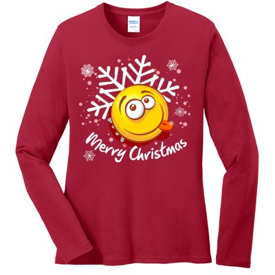 Merry Christmas Funny Smiley Face Snowflake Ladies Long Sleeve Shirt