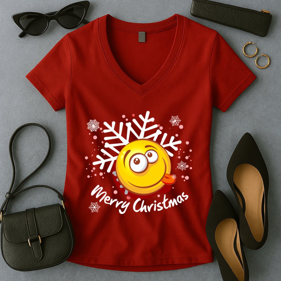 Merry Christmas Funny Smiley Face Snowflake Women's V-Neck T-Shirt