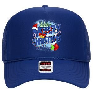 Merry Christmas Funy Holiday Logo High Crown Mesh Back Trucker Hat