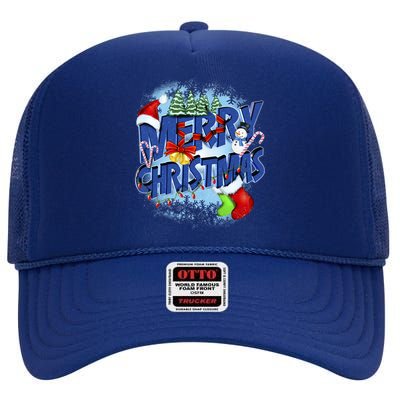 Merry Christmas Funy Holiday Logo High Crown Mesh Back Trucker Hat