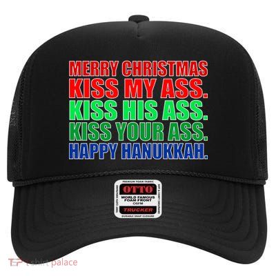 Merry Christmas Kiss My Ass Happy Hanukkah  High Crown Mesh Back Trucker Hat