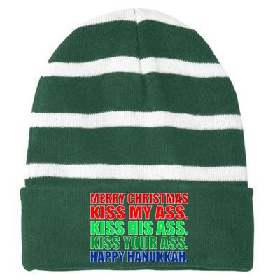 Merry Christmas Kiss My Ass Happy Hanukkah  Striped Beanie with Solid Band