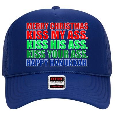 Merry Christmas Kiss My Ass Happy Hanukkah  High Crown Mesh Back Trucker Hat