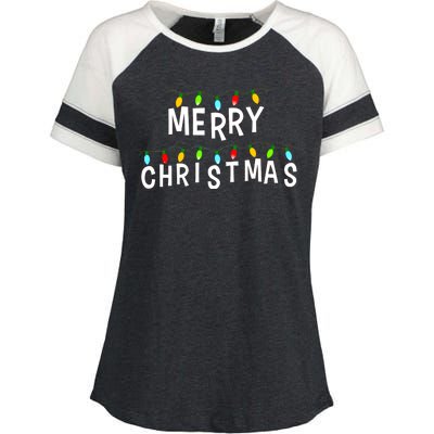 Merry Christmas Lights Enza Ladies Jersey Colorblock Tee