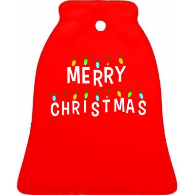 Merry Christmas Lights Ceramic Bell Ornament