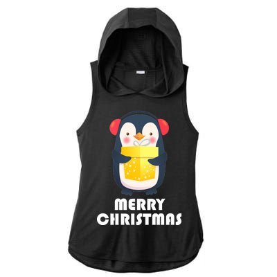 Merry Christmas Penguin Ladies PosiCharge Tri-Blend Wicking Draft Hoodie Tank