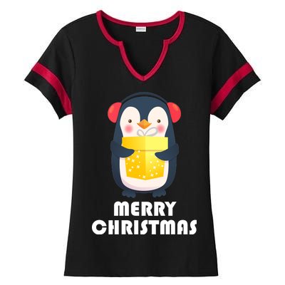 Merry Christmas Penguin Ladies Halftime Notch Neck Tee