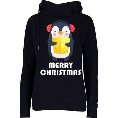 Merry Christmas Penguin Womens Funnel Neck Pullover Hood