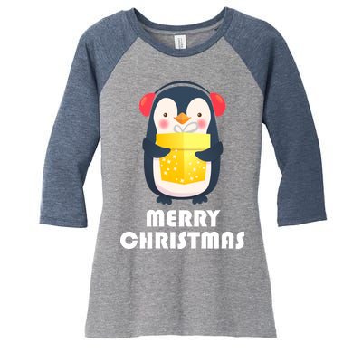 Merry Christmas Penguin Women's Tri-Blend 3/4-Sleeve Raglan Shirt