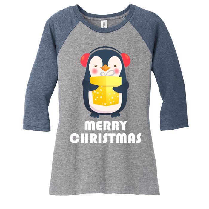 Merry Christmas Penguin Women's Tri-Blend 3/4-Sleeve Raglan Shirt