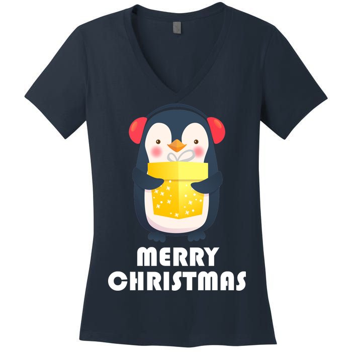 Merry Christmas Penguin Women's V-Neck T-Shirt