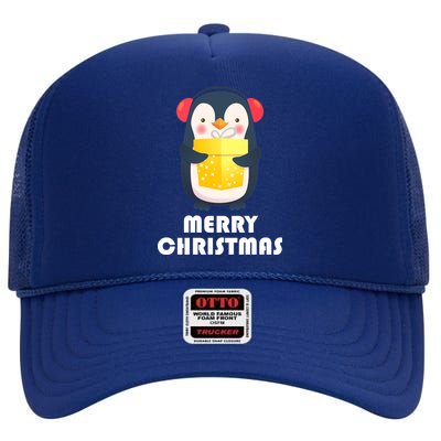 Merry Christmas Penguin High Crown Mesh Back Trucker Hat