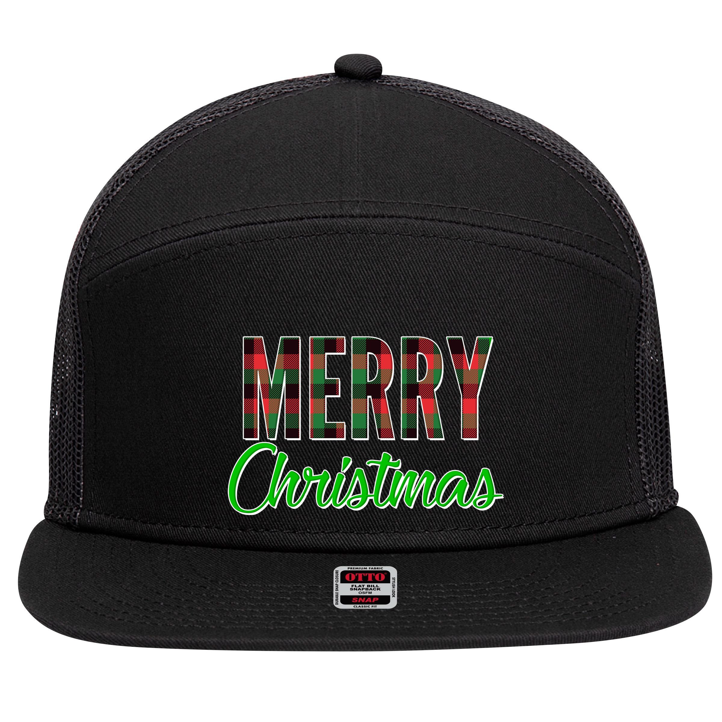 Merry Christmas Plaid 7 Panel Mesh Trucker Snapback Hat