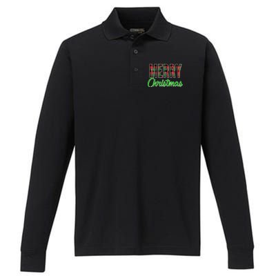 Merry Christmas Plaid Performance Long Sleeve Polo