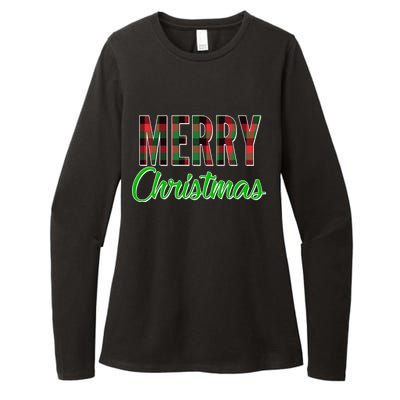 Merry Christmas Plaid Womens CVC Long Sleeve Shirt