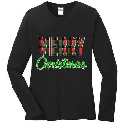 Merry Christmas Plaid Ladies Long Sleeve Shirt