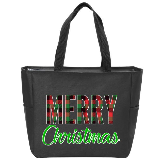 Merry Christmas Plaid Zip Tote Bag