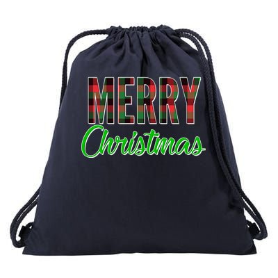 Merry Christmas Plaid Drawstring Bag