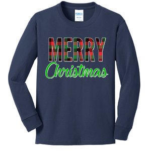 Merry Christmas Plaid Kids Long Sleeve Shirt