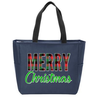 Merry Christmas Plaid Zip Tote Bag