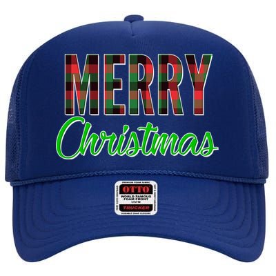 Merry Christmas Plaid High Crown Mesh Back Trucker Hat