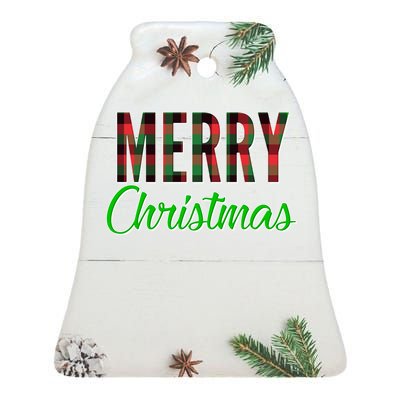 Merry Christmas Plaid Ceramic Bell Ornament