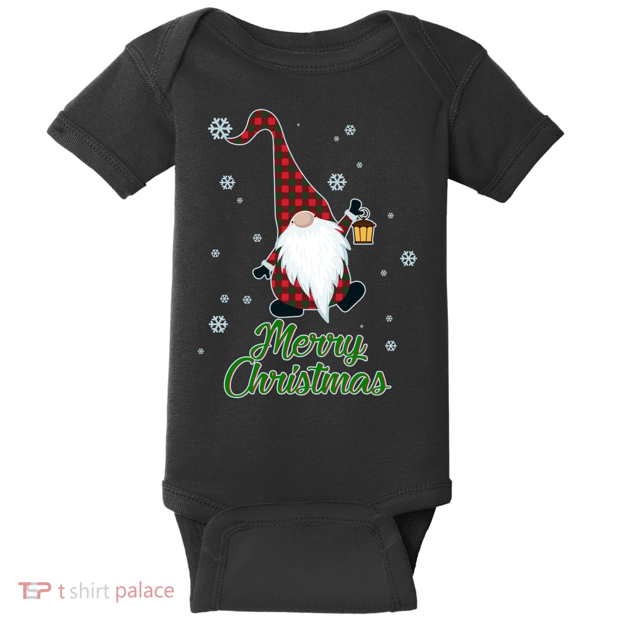 Merry Christmas Plaid Garden Gnome Baby Bodysuit