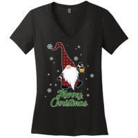 Merry Christmas Plaid Garden Gnome Women's V-Neck T-Shirt