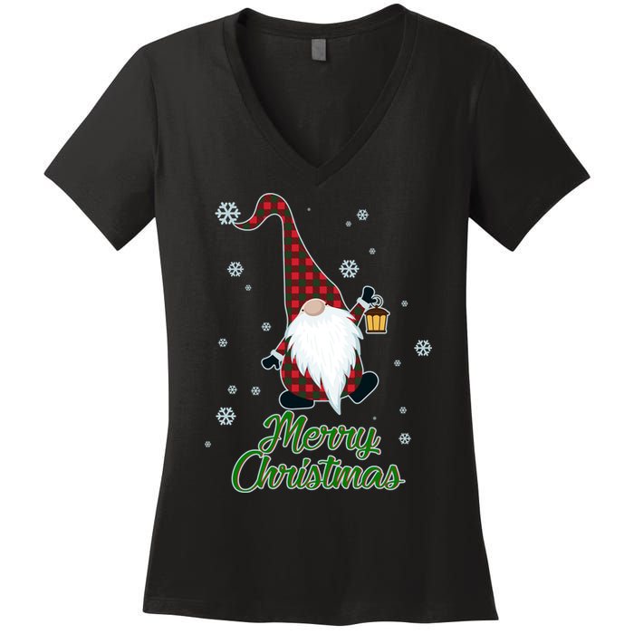 Merry Christmas Plaid Garden Gnome Women's V-Neck T-Shirt