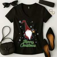 Merry Christmas Plaid Garden Gnome Women's V-Neck T-Shirt
