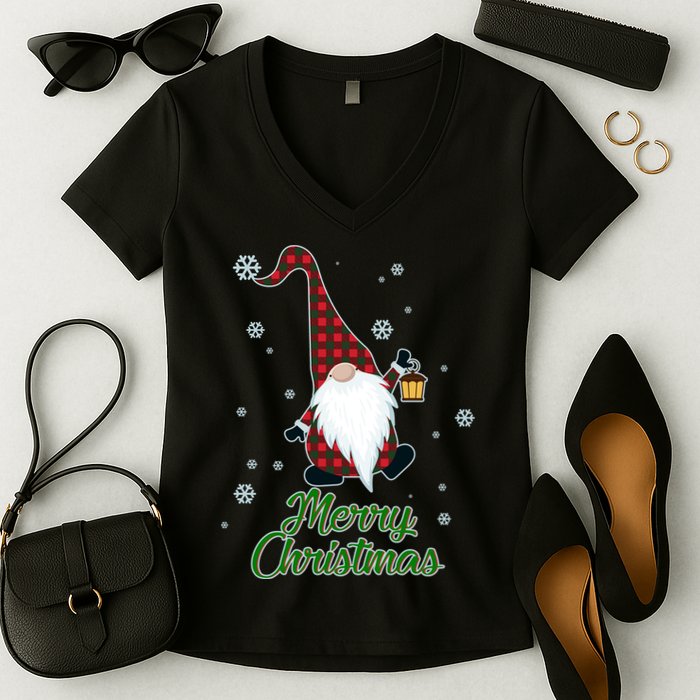Merry Christmas Plaid Garden Gnome Women's V-Neck T-Shirt