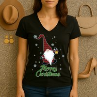 Merry Christmas Plaid Garden Gnome Women's V-Neck T-Shirt