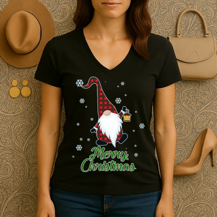 Merry Christmas Plaid Garden Gnome Women's V-Neck T-Shirt